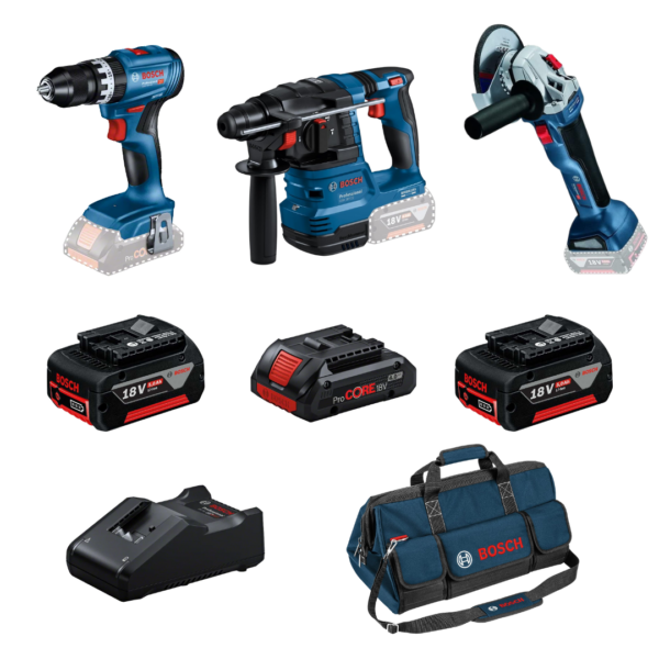 Kit Bosch Taladro GSB 18V-45 + Martillo SDS PLUS GBH 18V-22 + Amoladora GWS 18V-10 + 2 Baterías GBA 18V 5,0 Ah + 1 Batería ProCORE 18V 8.0Ah + 1 Cargador GAL 18V-40 + Maletín Flexible