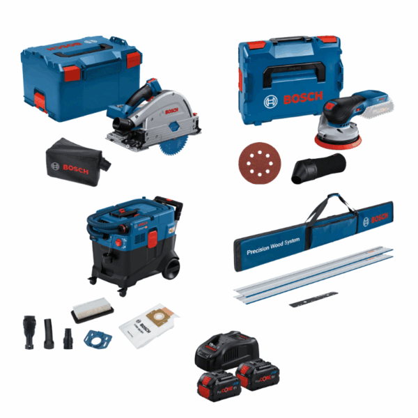 Kit GKT 18V-52 GC + GEX 18V-125 + GAS 12-40 MA + 2 ProCORE18V 5.5Ah + GAL 1880 CV + 2x Carril Guía Bosch FSN 1400