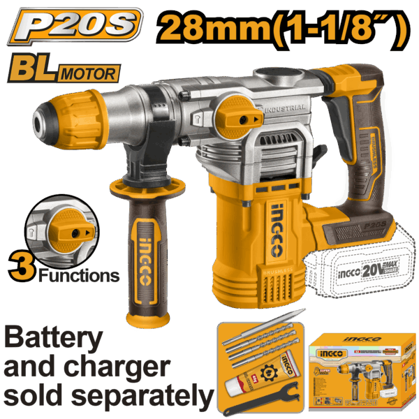 Kit combinado Martillo Demoledor 20V 4.5J + Taladro 96 Nm + Amoladora 115mm 20V Ingco - Imagen 5
