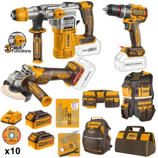 Kit combinado Martillo Demoledor 20V 4.5J + Taladro 96 Nm + Amoladora 115mm 20V Ingco