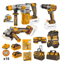 Kit combinado Martillo Demoledor 20V 4.5J + Taladro 66 Nm + Amoladora 115mm 20V Ingco