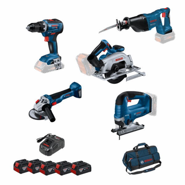 Kit Bosch GSA + GKS + GST + GSR + GWS con 5 Baterías GBA 18V y Bolsa