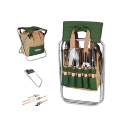 Kit taburete + bolsa portaherramientas + herramientas de jardín
